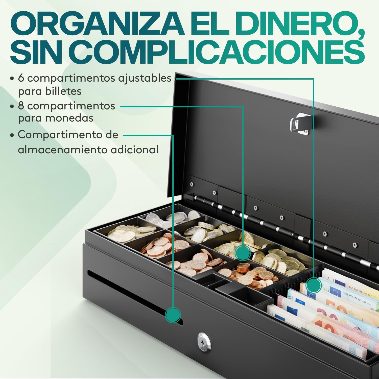 ACROPAQ Cajón portamonedas Fliptop - Compatible con caja registradora RJ11, 6 compartimentos monedas y 8 billetes, (46 x 18 x 10 cm) Carcasa de metal resistente, Inserto extraíble