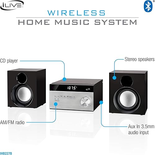Miniatura 5 de iLive Electronics Sistema estéreo inalámbrico para el hogar, con reproductor de CD y radio AM/FM, incluye control remoto (iHB227B), negro/plateado