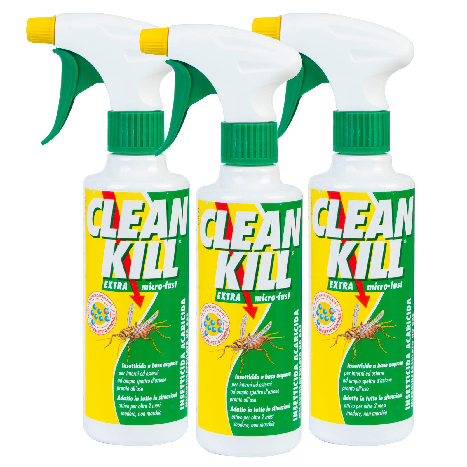 Clean Kill Insetticida Spray Ecologico Pronto all'Uso per Esterni e Interni Extra Micro-Fast contro Cimici Acari Blatte Tarli Zanzare Formiche Termiti Tafani Mosche Pulci Zecche - 3 Flaconi da 375ml