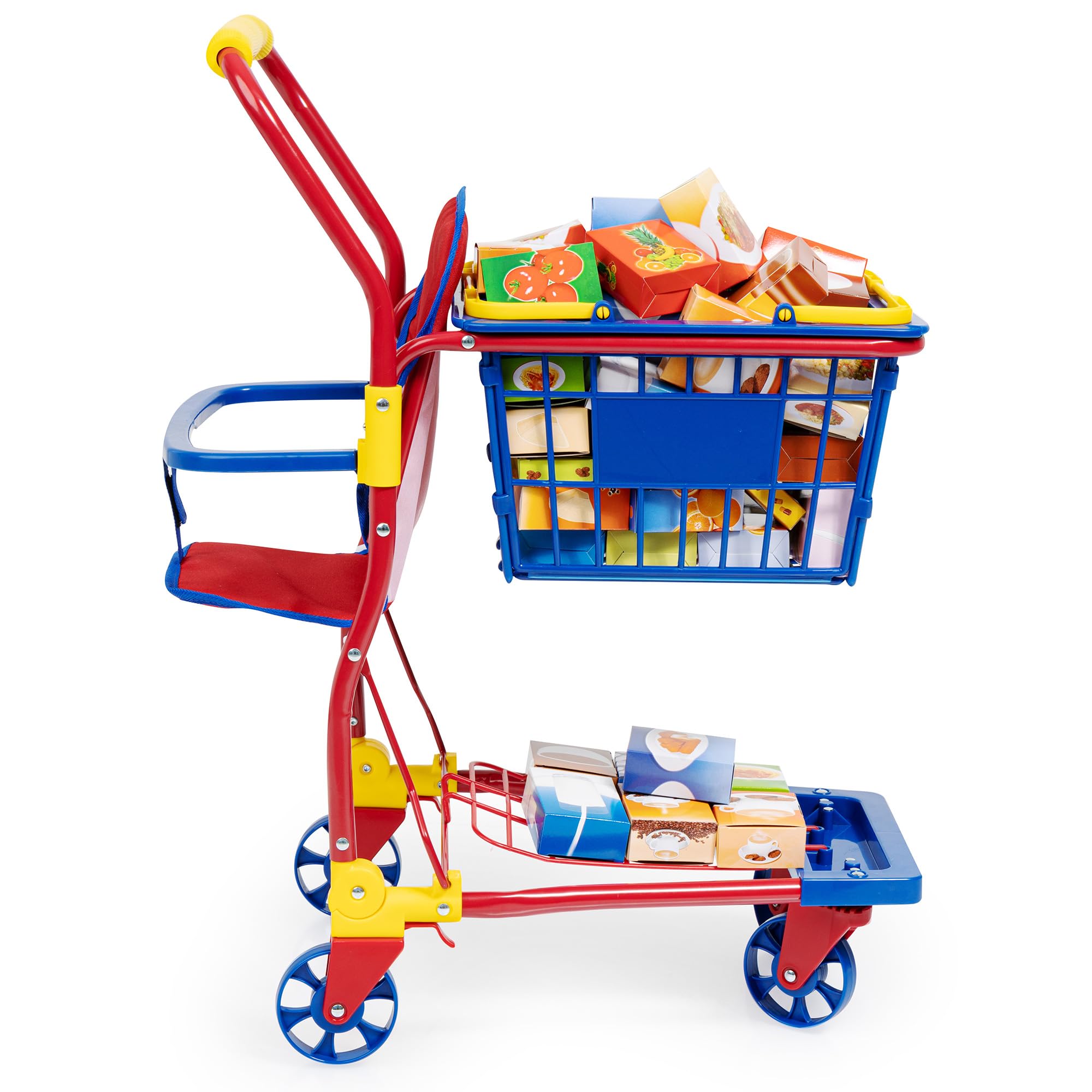 Bayer Design 75003AA supermarket koszyk maluch, Wózek na zakupy z zawartością, pudełkami na żywność, kolorowy