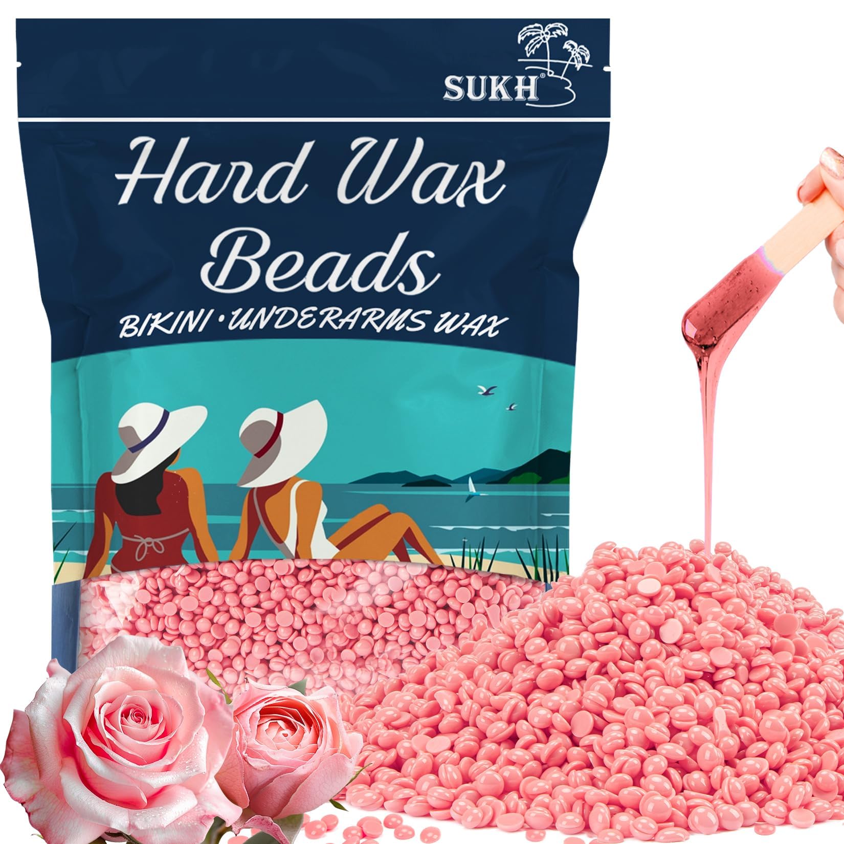 Sukh Hard Wax Beads for Hair Removal - 430g/15 oz Face & Body Wax - Brazilian Bikini Body Waxing Beads No Strip Needed for Sensitive Skin - Professional Stripless Home Wax Kit for Women & Men（Pink）
