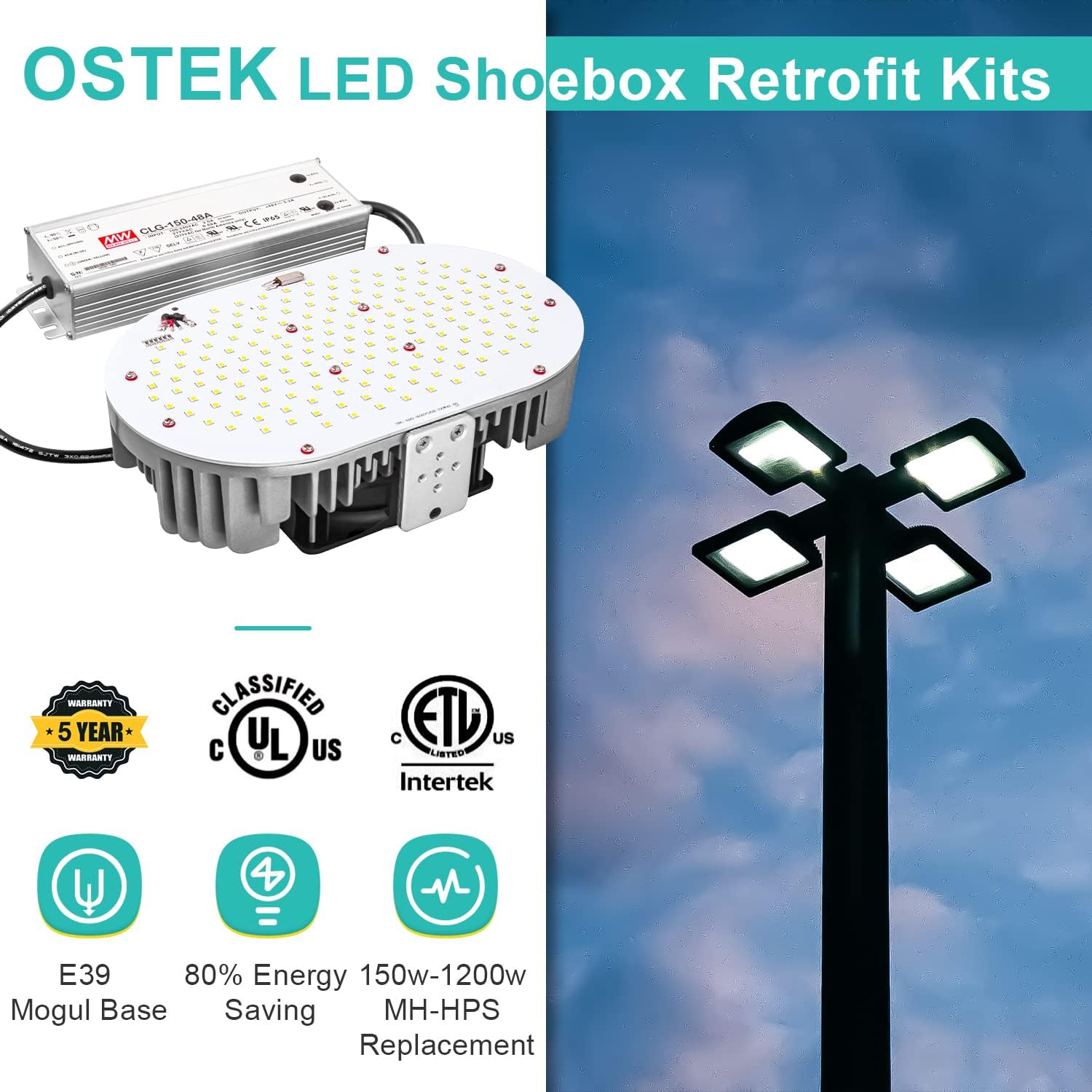120W LED Shoebox Retrofit Kit Light – 16,200LM 5000K, E39 Mogul Base, Replaces 550W MH/HPS/HID Bulbs, MEANWELL Driver, DLC & ETL Certified, Ideal for Parking Lots, Tennis Courts & Street Lighting