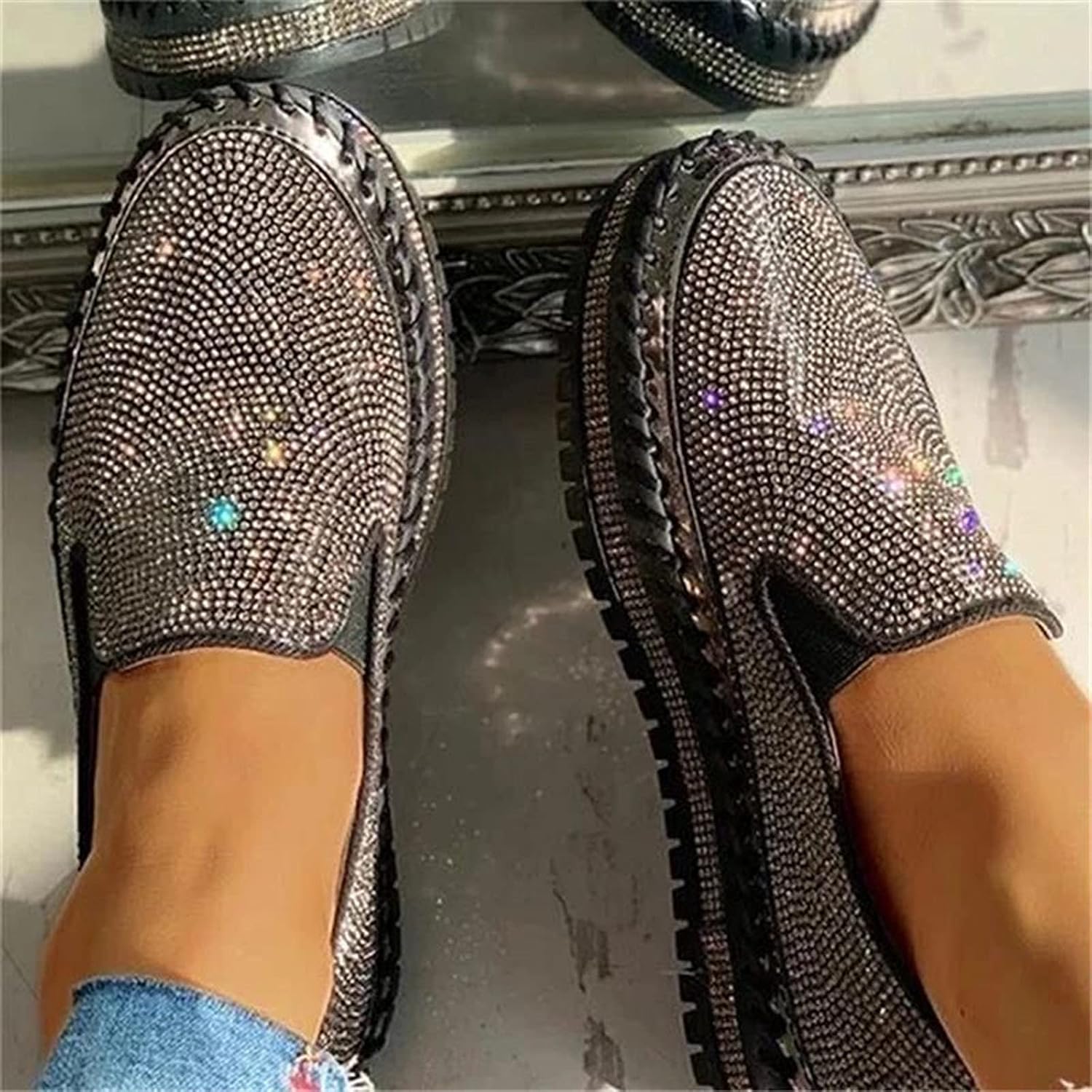 ZBRO Women's Muffin Rhinestone New Crystal Platform Sneakers, Sparkly Sneakers Metallic Glitter Sneakers for Women, Fashion Sneakers Women Bling Bling Shoes, Bling Wedge Platform Sneaker