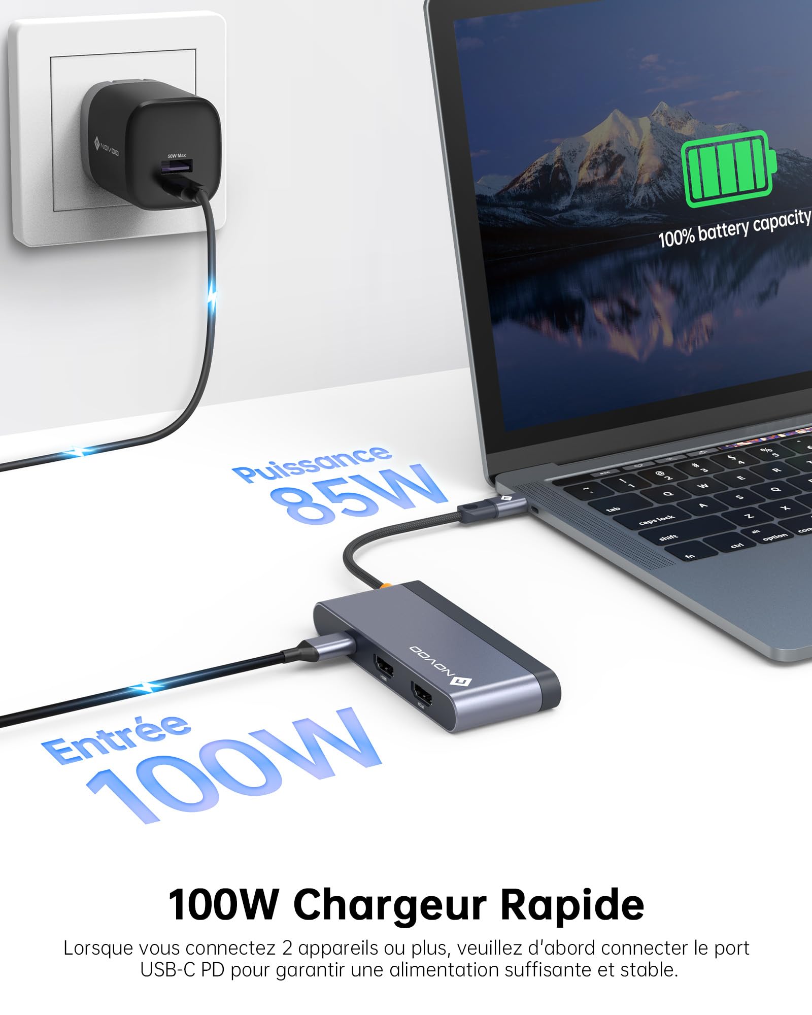 NOVOO Hub USB C Tripler Display 6 in 1 a Dual HDMI, docking station USB C Dual Monitor, 100W PD, 3 x USB, Dock USB-C per Dell, HP, Lenovo, ASUS, Microsoft