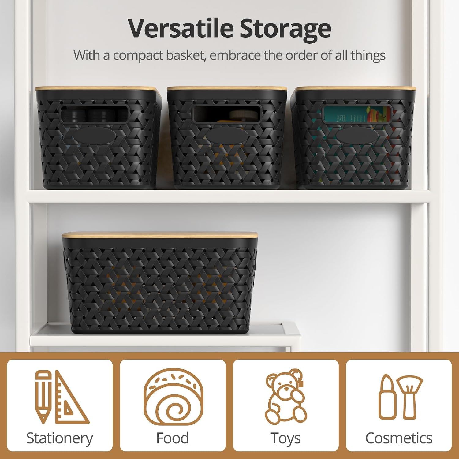 Plastic Storage Bins with Bamboo Lids, Stackable Small Box Baskets for Organizing and Containers for Shelves Drawers Desktop Closet Pantry Classroom Office Home, 4 Pack 12x7.3x6.2 Inch, Black