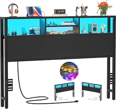 iSunirm 61 Headboard with Storage Compartments with Sockets USB and USB-C Ports LED Lighting Height Adjustable Reversible Heavy Duty and Sturdy Black