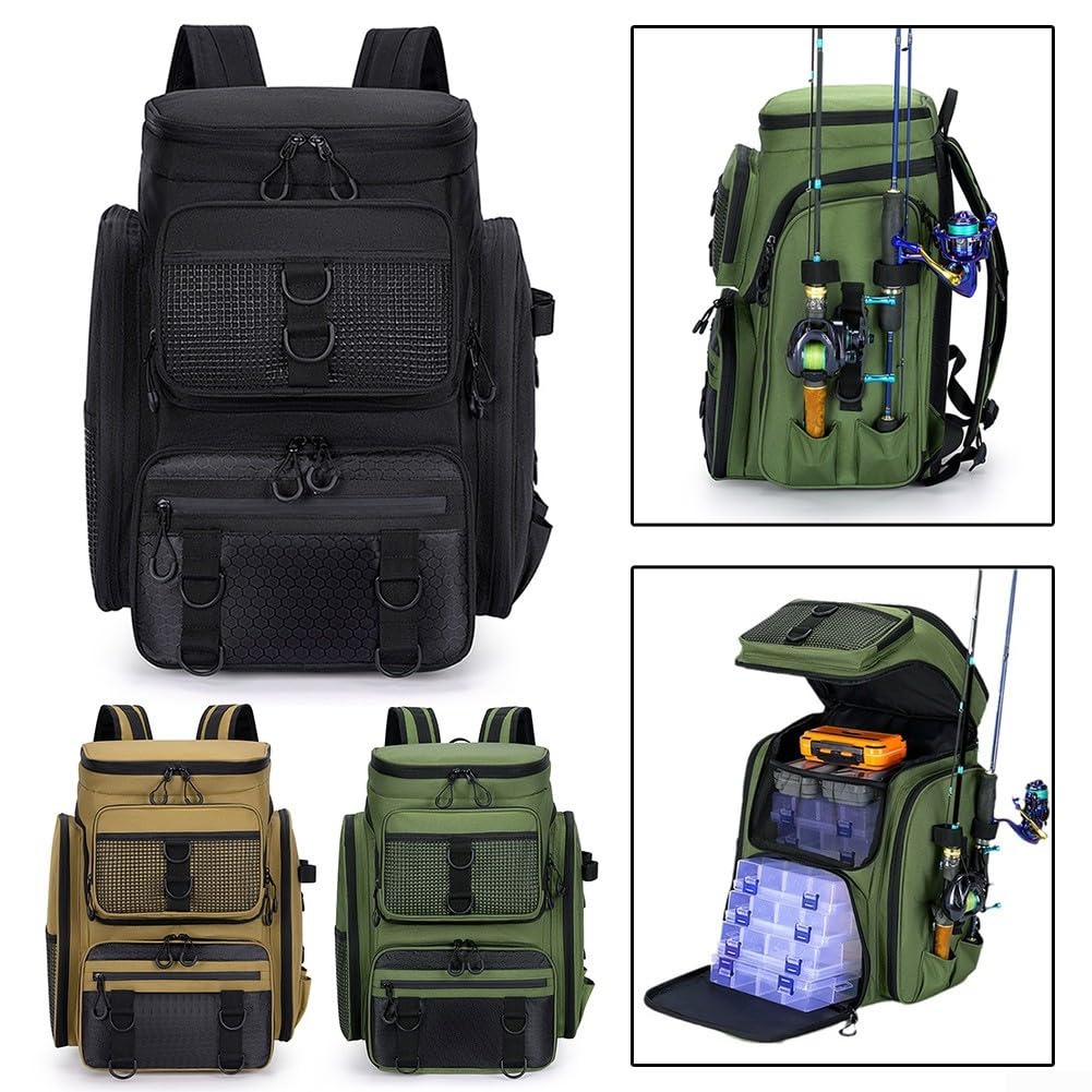 Mochila de pesca impermeable con almacenamiento robusto y soporte de caña para exploración al aire libre (negro)