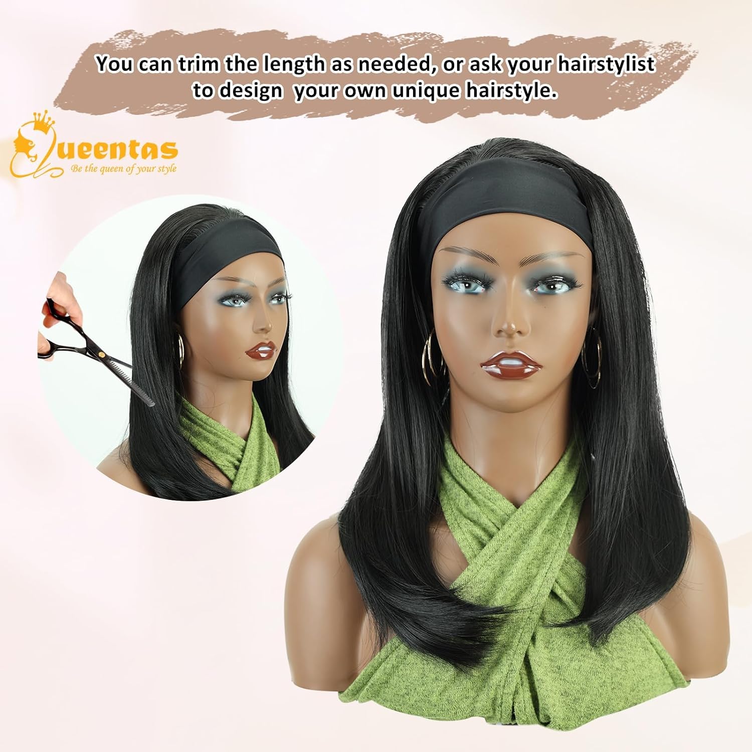 QUEENTAS 14 Inch Straight Headband Wig for Black Women, Glueless Wear and Go Synthetic Bob Wig for Daily Use Dating, Heat Resistant Soft Shoulder Length, 1B Natural Black Hair
