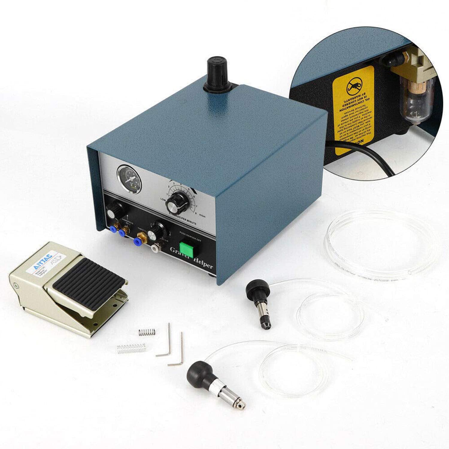 Pneumatische Graviermaschin 100-4000rpm/min Schmuck Gaviermaschine 60W Doppelseitige Schmuckstecher 110V/220 V Double Ended Drehgriff Gravieren mit Fußschalterpedal,220V