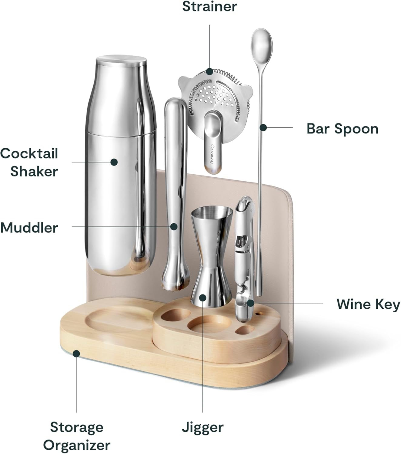 Caraway 9-Piece Complete Bar Set - Cocktail Shaker, Jigger, Muddler, Wine Key, Strainer, Bar Spoon, Storage Organizer, Magnetic Backer - Bartender Accessories - Tools for Home Bartending - Cream
