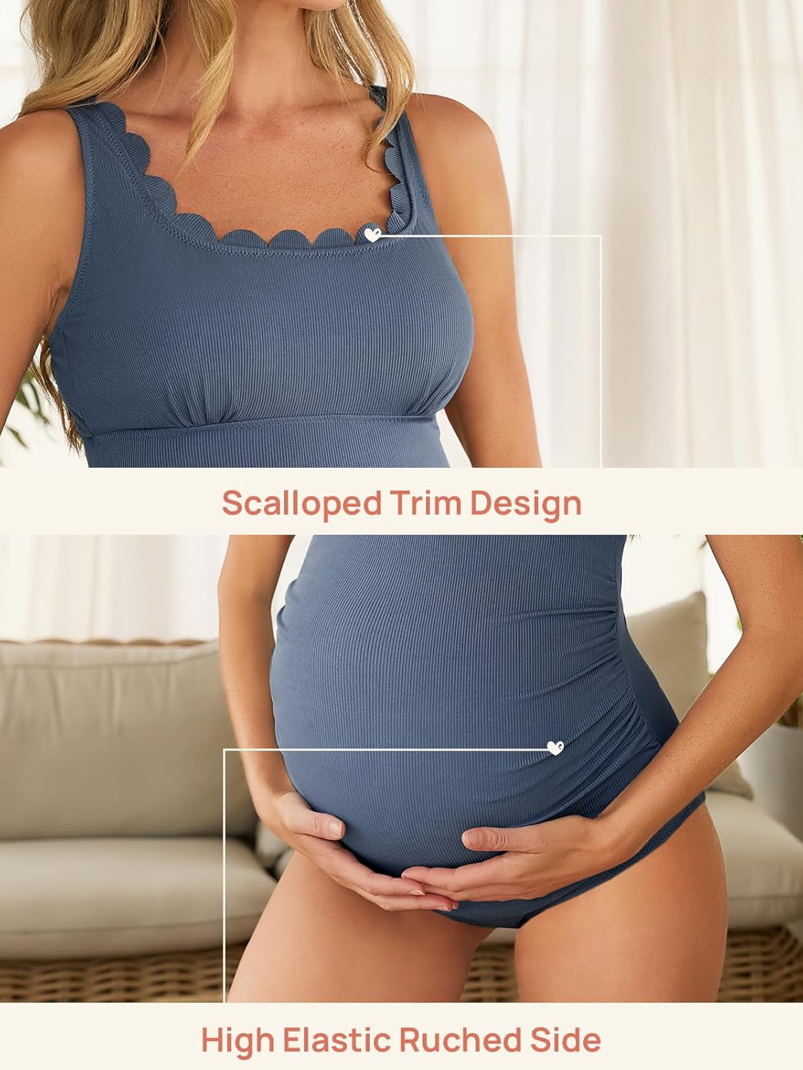 Summer Mae Ribbed Maternity One Piece Swimsuit Scalloped Cut Out Pregnancy Bathing Suit Square Neck