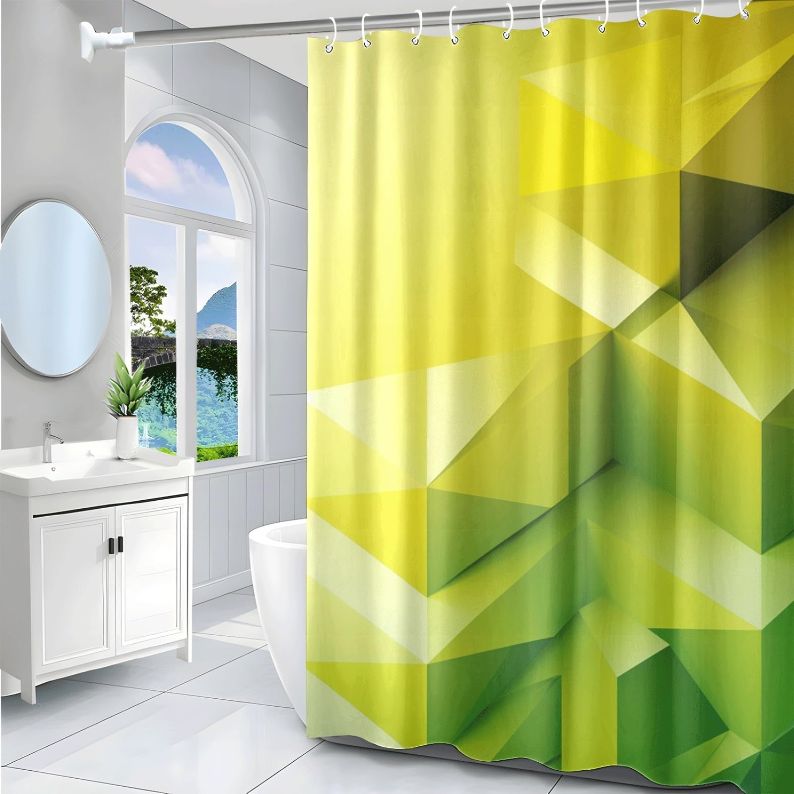 Cortina de Ducha Geométrico Verde Cortina Baño Antimoho Impermeable Tela Poliéster Lavable para Familiar Bañera Dormitorio Hotel Reutilizable Cortinas Ducha (180x220cm)