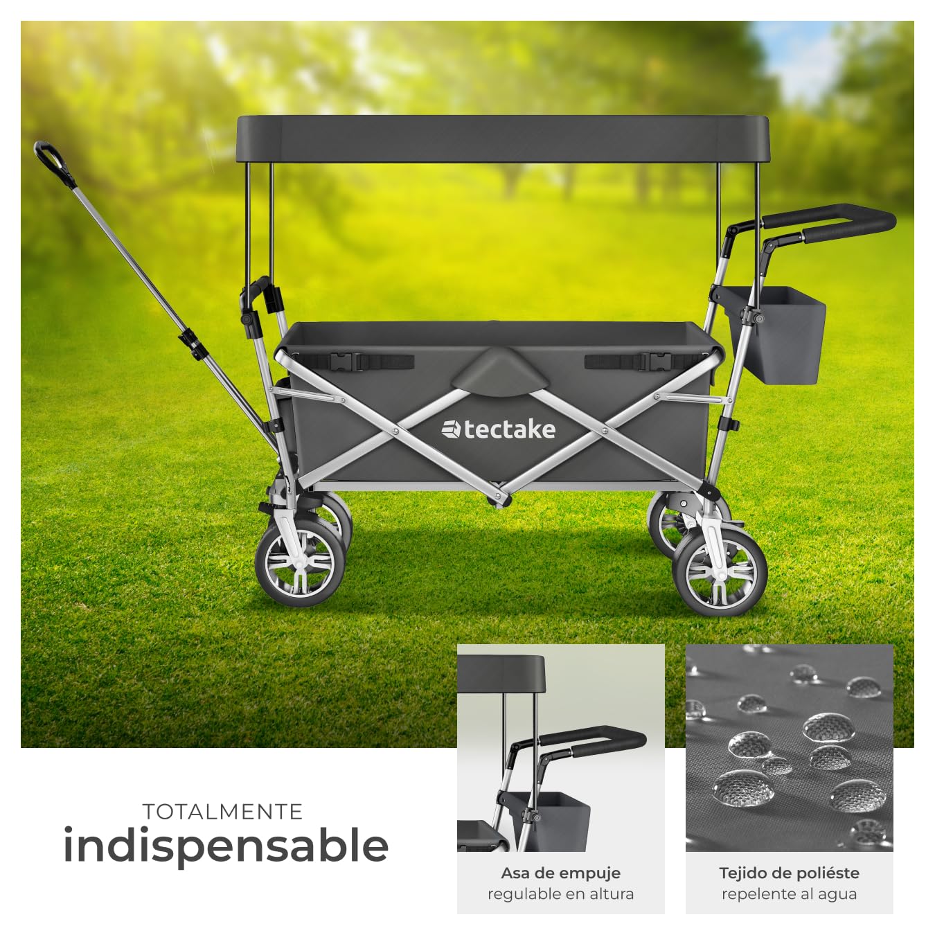 tectake® Carro Plegable para Jardín, Carro Transporte con Techo Desmontable, Carrito Playa con Asa Telescópica, Carretilla Jardín con Bolsa Trasera, Carro Camping Multiuso, Capacidad 80 kg - gris