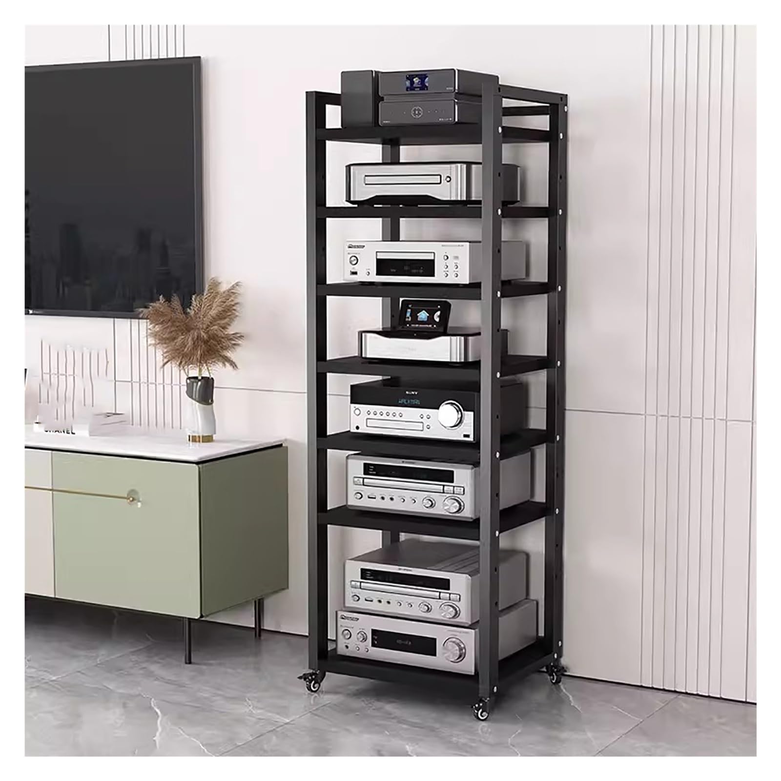 Portable Audio Equipment Rolling Cart Rack 20 24 Inch Wide, Heavy Duty Av Media Shelf for Bedroom Living Room - 5 6 7 8 Large Tier Stereo Cabinet Holder Wood (Color : Black, Size : 7 tier-H161cm-W60