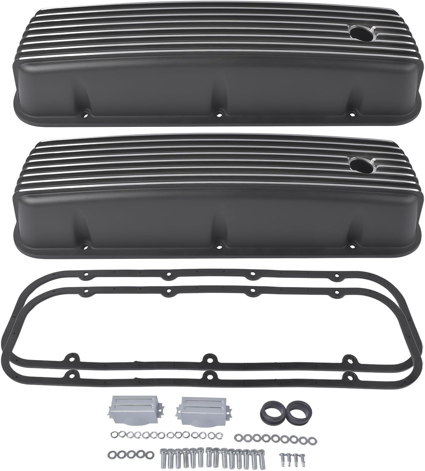 GELUOXI Tall Finned Aluminum Valve Covers 3 11/16" Black with 1 1/4" PCV Hole Replacement for Chevy BBC Big Block 396 454 502 1965-1995