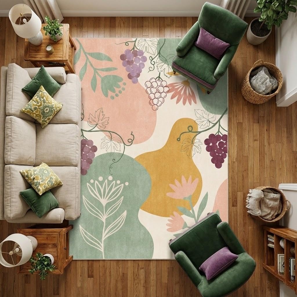 5x7 Area Rug for Living Room, Boho Cream sage Green Pink Abstract Grapes & Floral Botanical Pattern, Non Slip Washable Backing, Foldable Machine Washable Rug Bedroom Dining Room