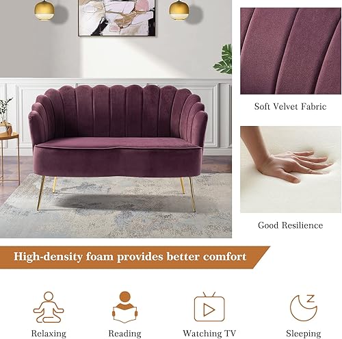 Miniatura 94 de HULALA HOME Moderno sofá biplaza de terciopelo con respaldo en forma de flor, cómodo sofá tapizado de 2 plazas con patas de metal dorado, sofá
