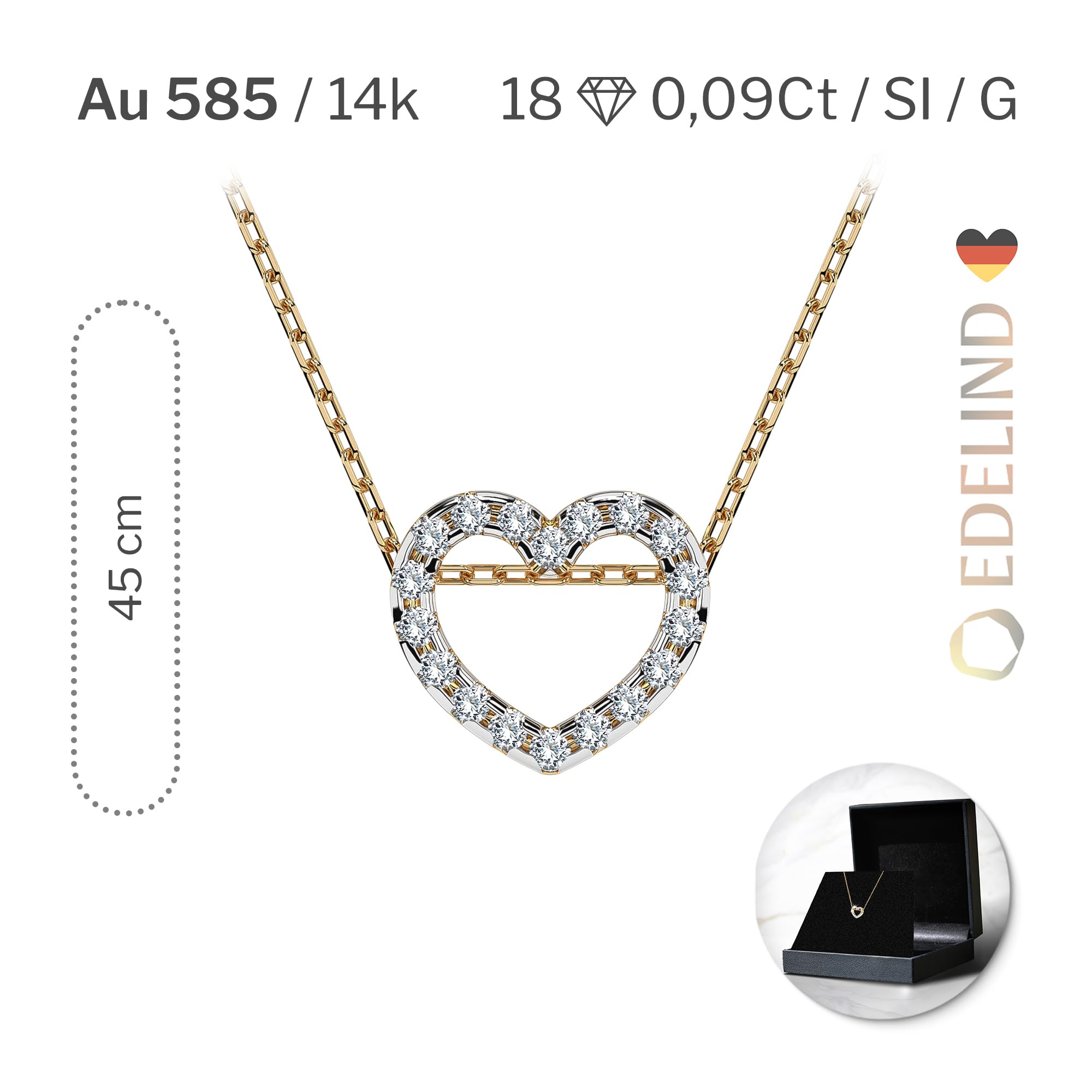 EDELIND Collana Donna con Ciondolo a Cuore in Oro 14k con 18 Diamanti 0.09 ct - Catenina Forzatina per Donna e Ragazza - Regalo Romantico