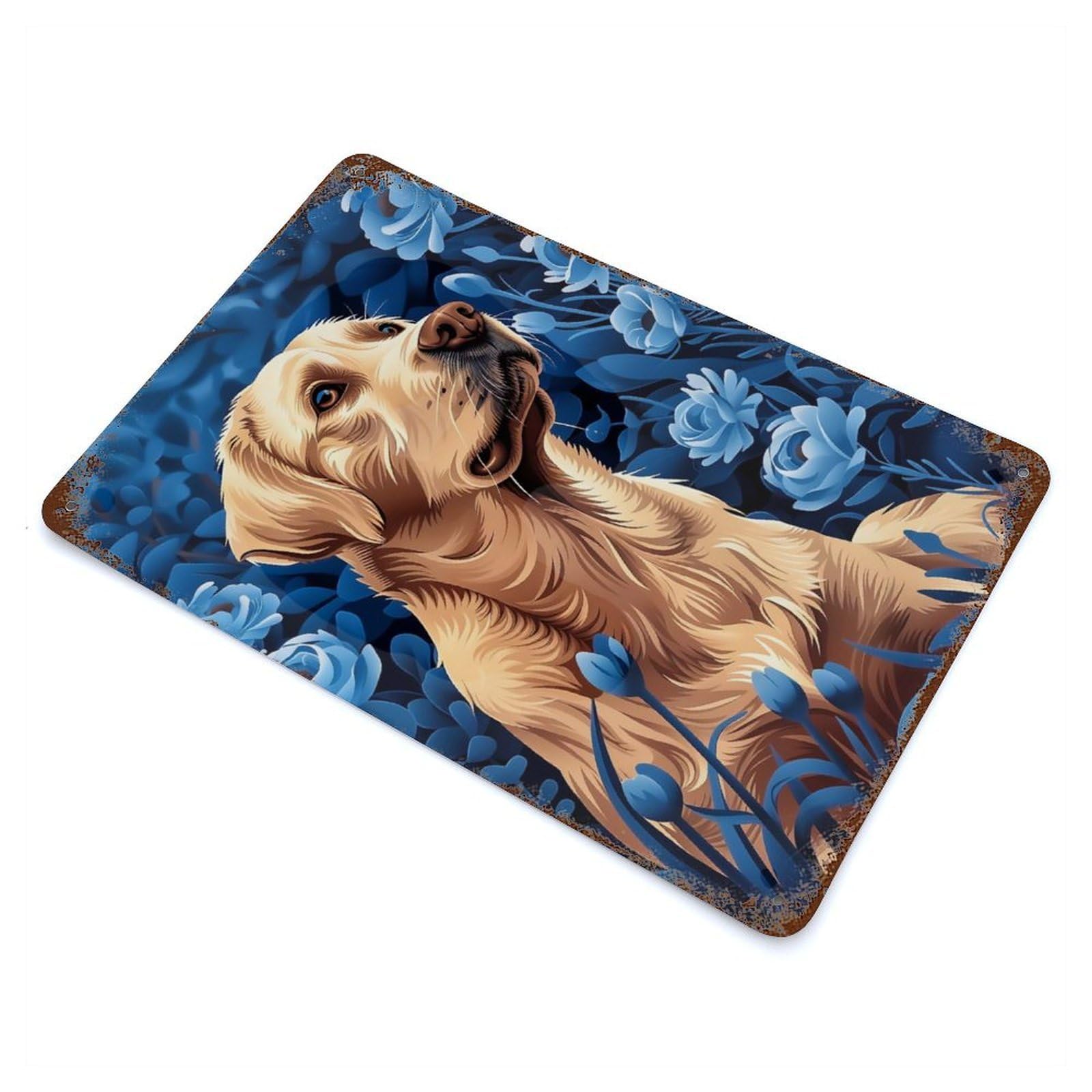 Labrador Retriever in Blue Flowers Rusty Metal Tin Sign 11.8"x7.9", for Basement, Hobby Room And Garage Decor, Retro Wall Decor