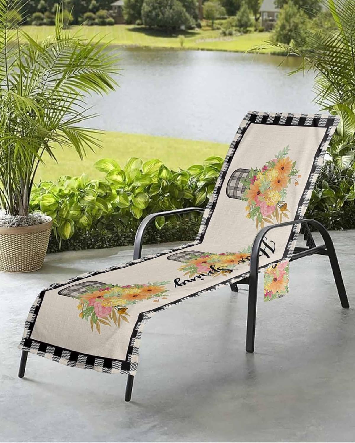 Spring Floral Beach Pool Patio Lounge Chaise Chair Cover Towel With Pockets,Absorbent & Quick Dry Microfiber Towel Cover Bag Summer Accessories for Sunbathing Country Rustic Summer Buffalo Plaid Black