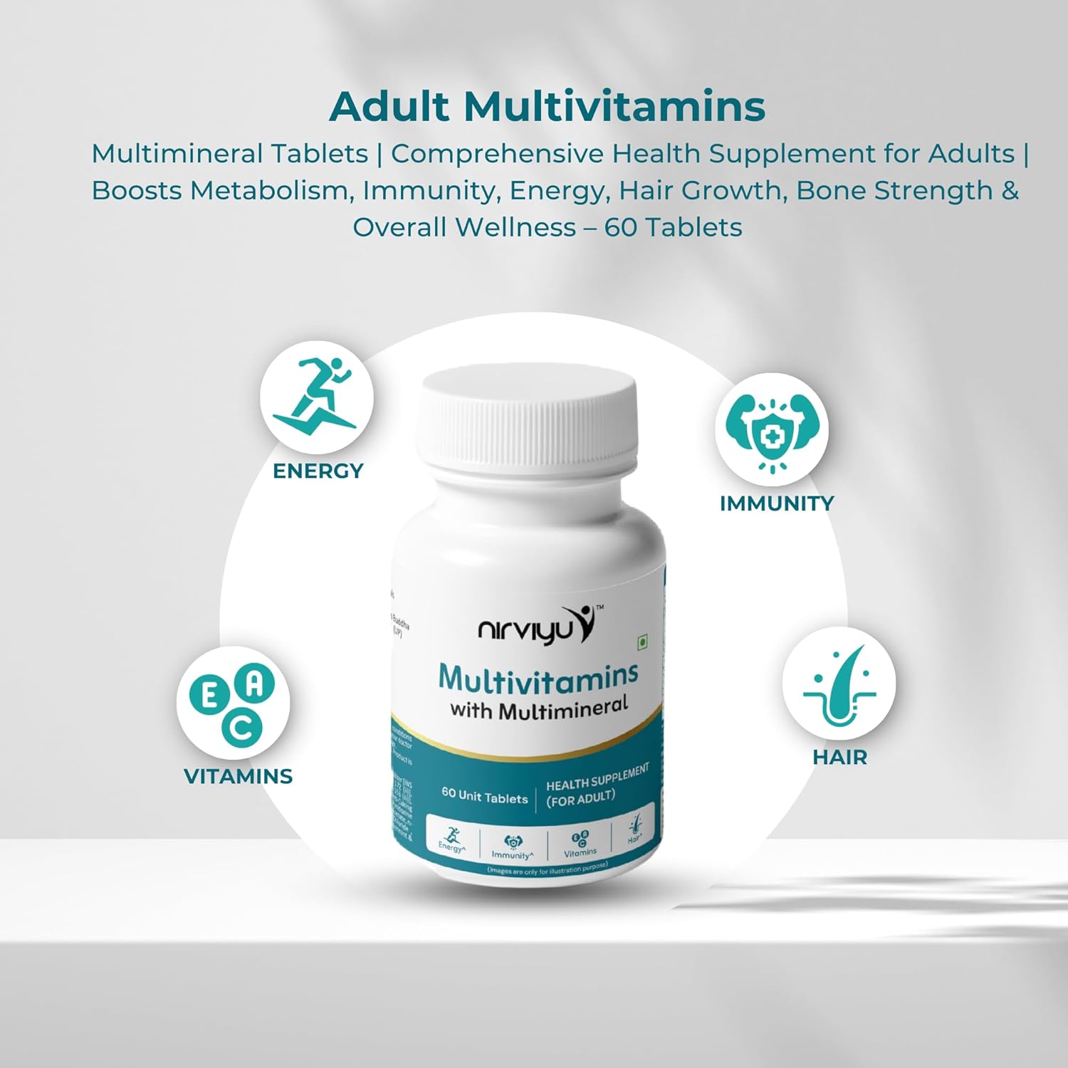 Nirviyu Multivitamin Multiminal Male tablets | Comprehensive health complement for male. Increases metabolism, immune, energy, hair growth, bone strength and overall well -being - 60 tablets Nirviyu Multivitamin Multiminal Male tablets | Comprehensive health complement for male. Increases metabolism, immune, energy, hair growth, bone strength and overall well -being - 60 tablets