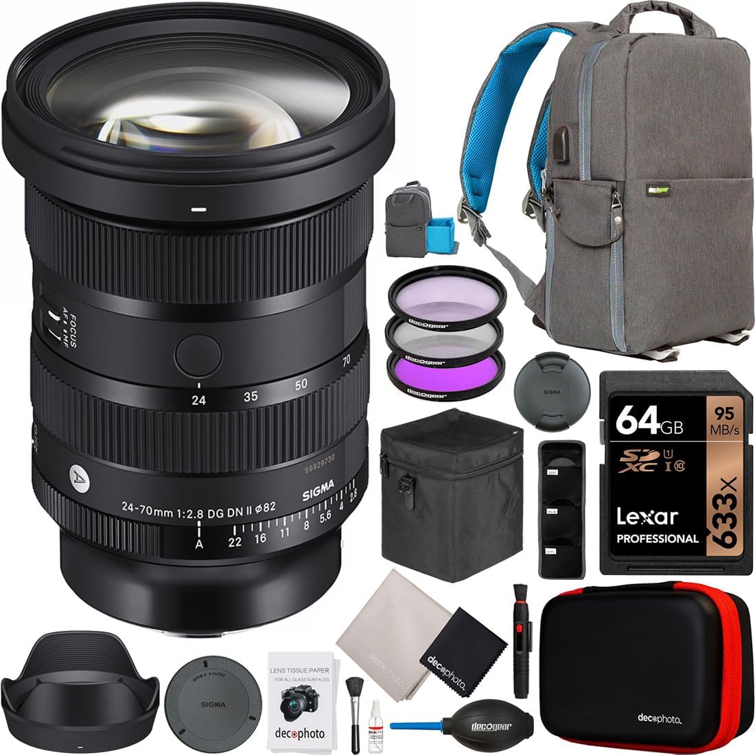 Sigma 24-70mm F2.8 DG DN II Art Lens for Sony E-Mount Full Frame Mirrorless Cameras 57A965 Bundle with Deco Gear Photography Backpack + Filter Kit + 64GB Card + Photo Video Accessories