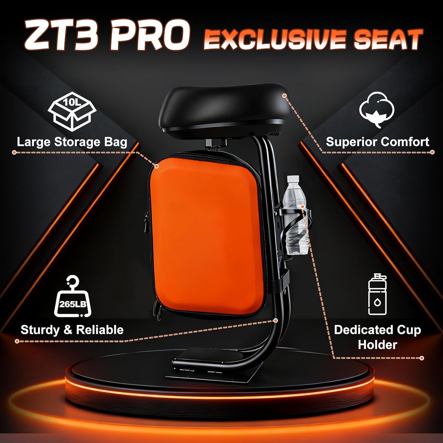 Electric Scooter Seat Compatible with Segway Ninebot ZT3 Pro Seat Attachment for Adult with 10L Large Storage Bag, Comfortable PU Cushion, Cup Holder
