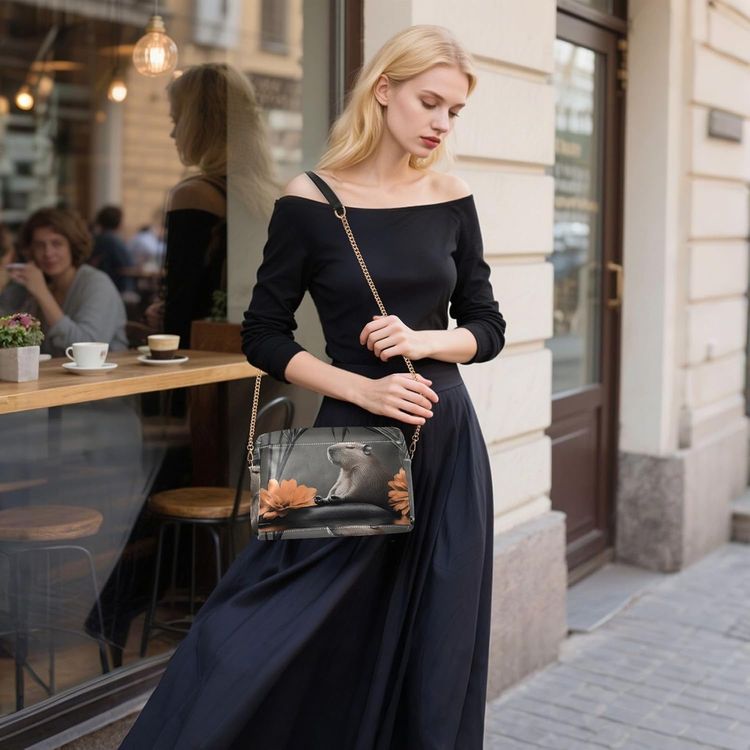 Women Crossbody Bag Shoulder Handbag Cellphone Purse PU Leather Metal Chain Strap Water Resistant Zipper Closure Art Photo Capybara Print