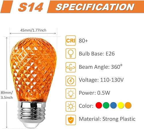 Miniatura 4 de ROMANJOY Paquete de 15 bombillas LED S14 de colores, base E26 de 0.5 W, multicolor (rojo, naranja, azul, verde, amarillo) bombilla de repuesto