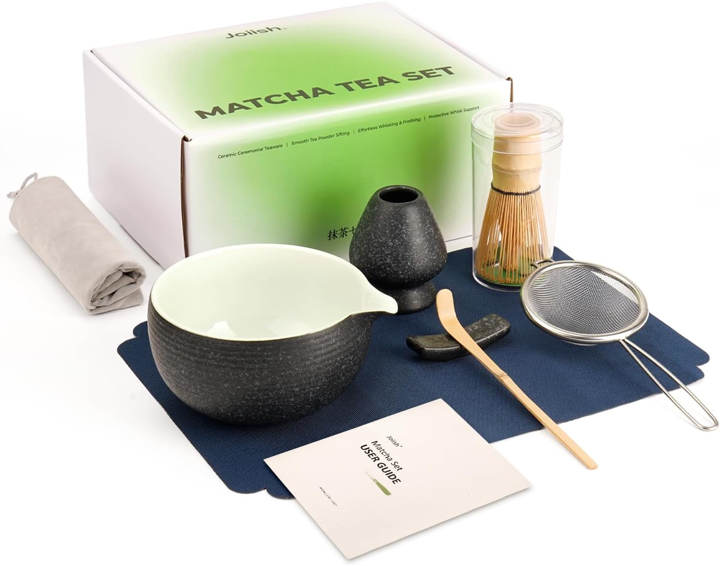 Joiish 7 Pcs Matcha Set Kit, Matcha Whisk and Bowl with Spout, Matcha Sifter, Whisk Holder, Matcha Scoop and Scoop Rest, Perfect Matcha Kit for Matcha Tea (Charcoal Grey)