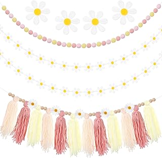 4 Pieces Daisy Garland Felt Ball Boho Garland Pom Pom Boho Tassel Garland Hippie Decor Groovy Party Decorations for Spring Wedding Birthday Bridal Classroom Window Wall Home Room Decorations