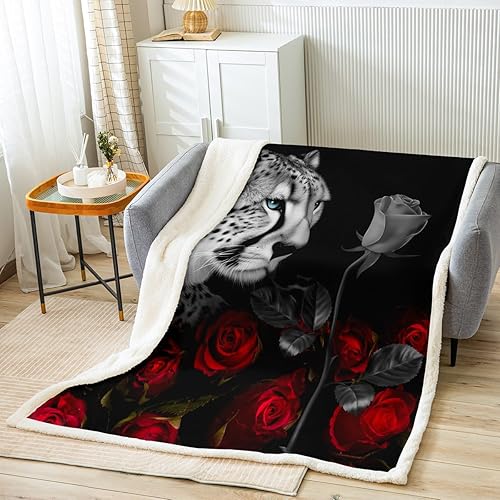 Miniatura 2 de Manta de sherpa con estampado de leopardo y rosas rojas, con estampado de animales de safari africanos, para niños y adultos, estampado floral