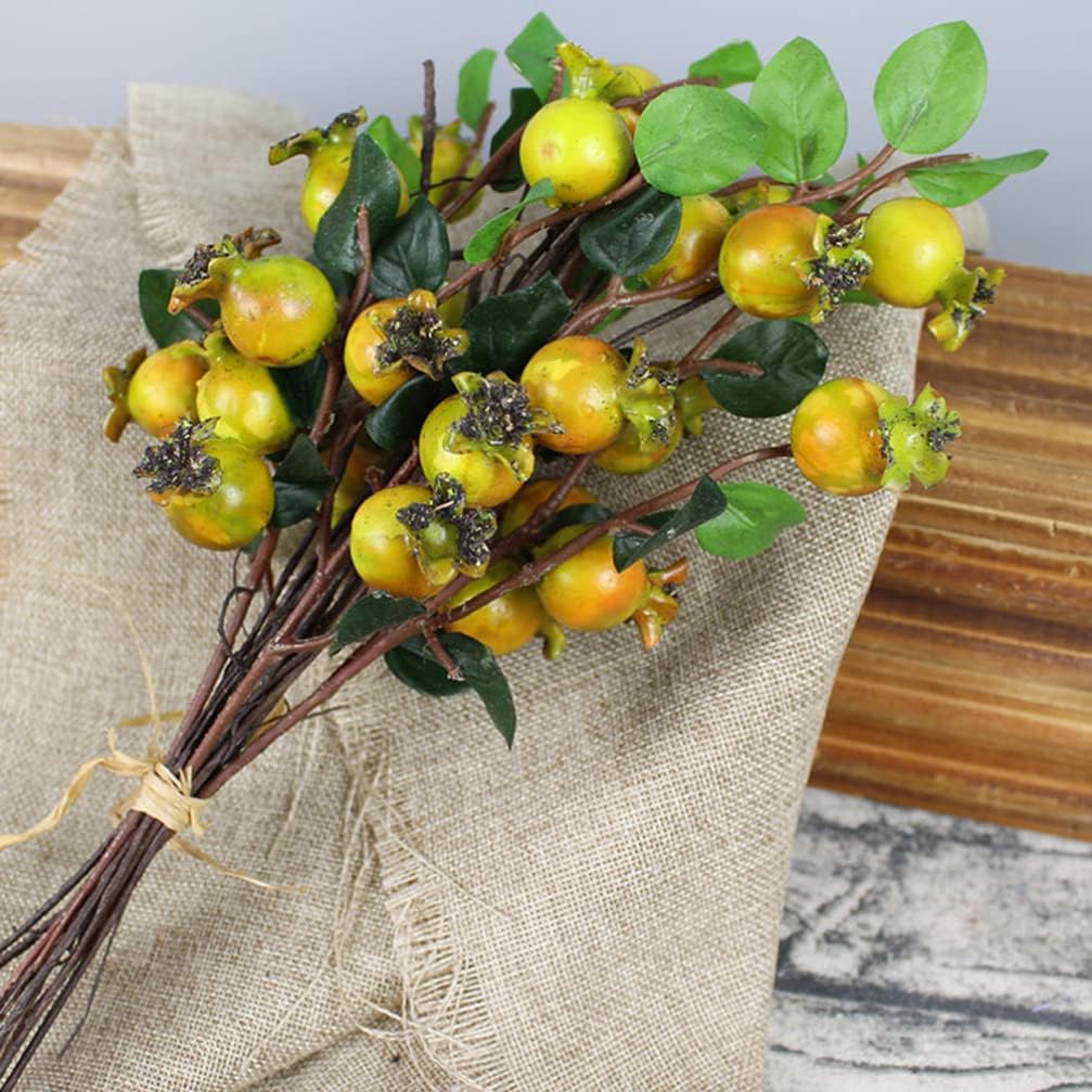 Garneck 6 Groups Artificial Rosehip Berries Pomegranate Branch Plant Stem Faux Fruit Bouquet Wedding Home Decor for Flower Arrangement (Green)