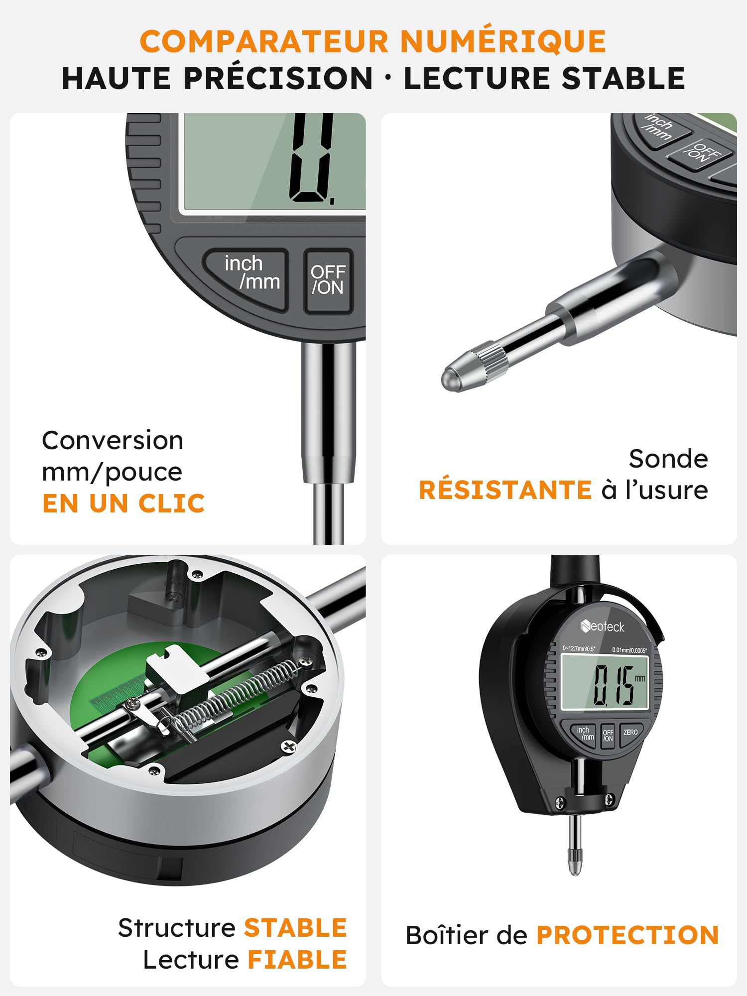 Neoteck Jauge d’Alésage Digitale 18-160mm – Mesure Intérieure Haute Précision 0,01mm – Jauge Cylindre & Contrôle Dimensionnel Profond pour Atelier Mécanique, Métrologie et Moteurs-Noir