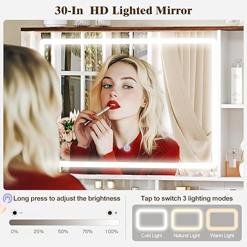 Miniatura 3 de Escritorio de tocador de maquillaje con espejo y luces, mesa de tocador de vidrio de 43.3 pulgadas con 5 cajones y estantes, juego de tocador grande