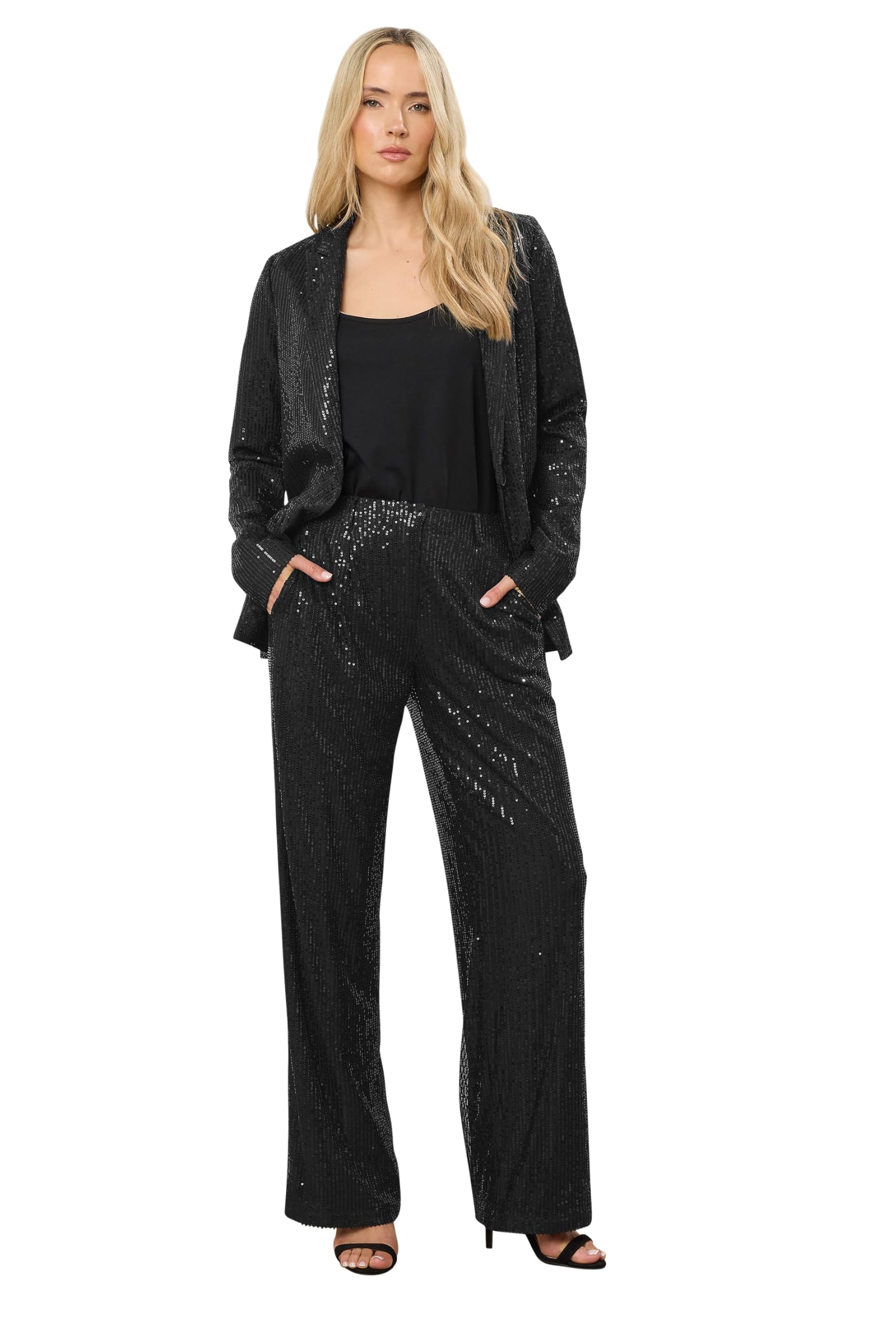 Lts Women's Black Tall Embellished Wide Leg Trousers Size 12