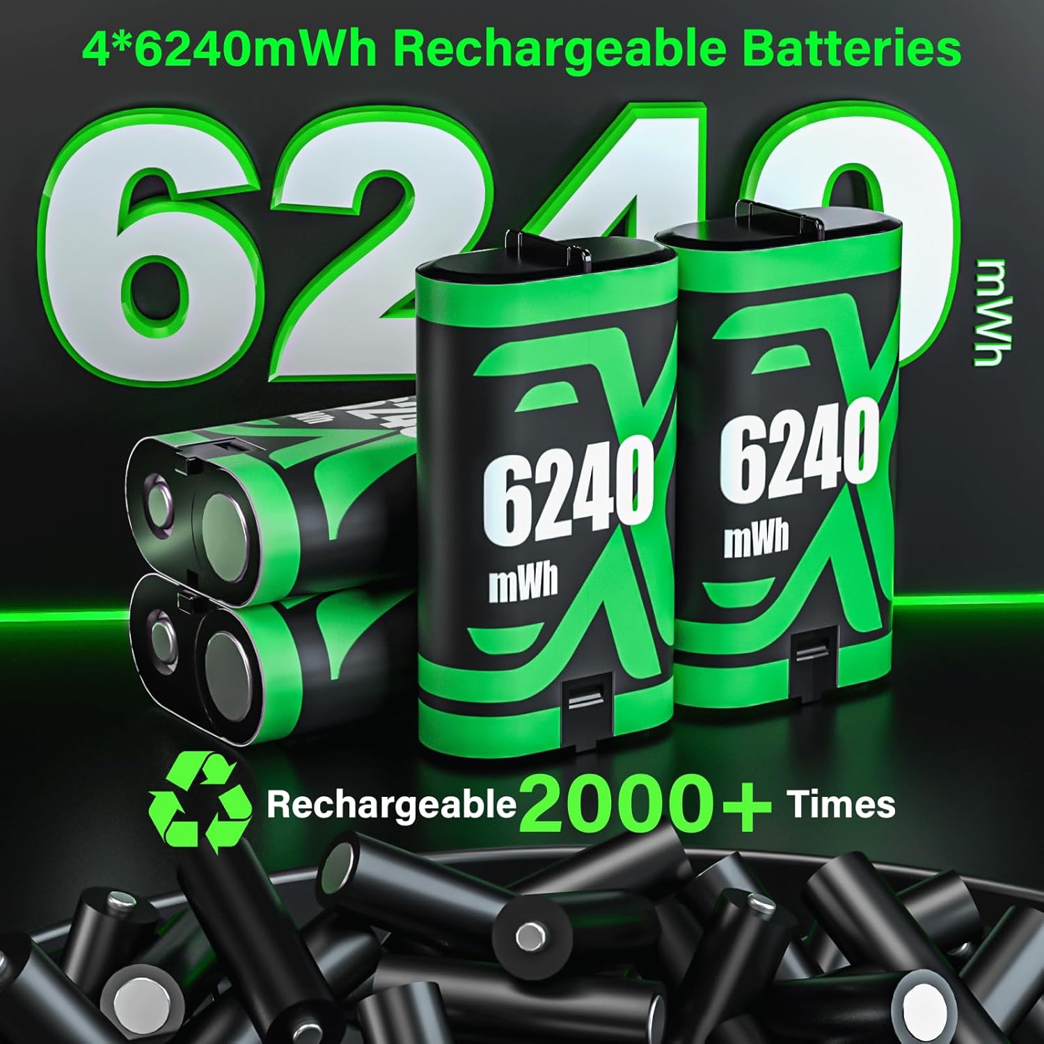 Rechargeable Xbox Controller Battery Pack for Xbox one/Xbox One S/Xbox 360/Xbox X/Xbox Elite/Xbox Series X|S, 4x6240mWh Batteries Pack for Xbox Accessories Kits, Xbox 360 Console - Image 3