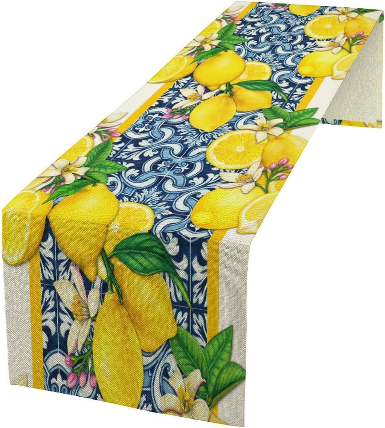 Modern Fruit Table Runner, Rustic Boho Yellow Lemon Plants Floral Leaves Art Exotic Blue Porcelain Seamless Pattern Table Decoration For Party Living Room Kitchen Dining Coffee Table 13x108in x1 Panel