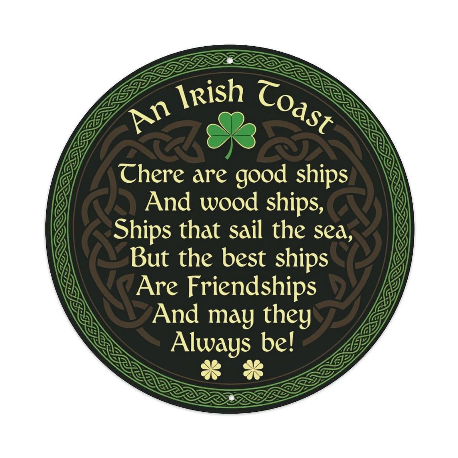 Celtic Knotwork Shamrock Toast Design Round Tin Sign Vintage Metal Poster, Home Bar Garage Man Cave Cafe Indoor & Outdoor Wall Decoration 8x8Inches