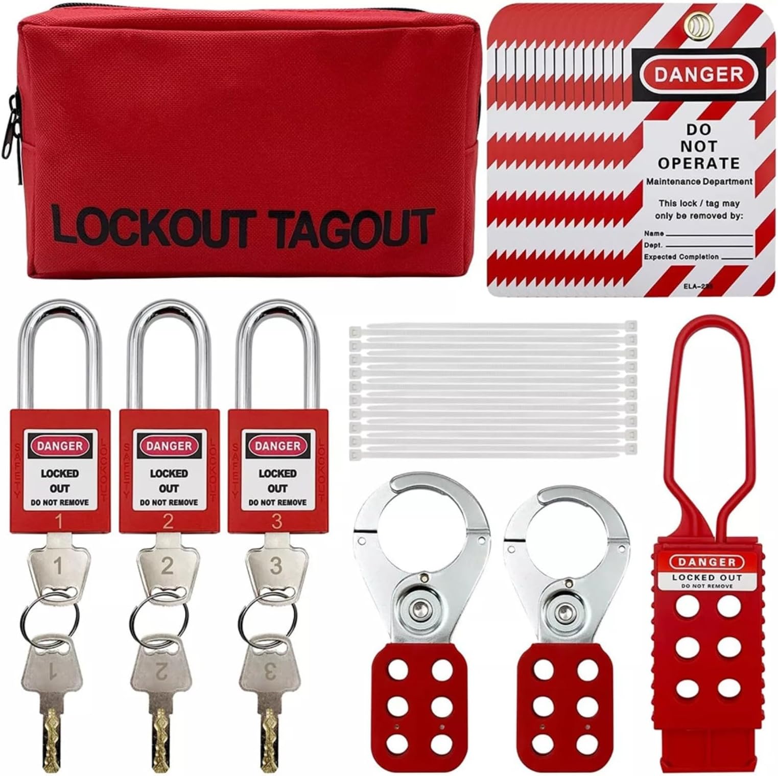 Safety LOTO Kit Professional Lockout Tagout Equipment Set With 3 Padlocks 15 Tags Nylon Cable Ties For Industrial Facility Maintenance Power Control