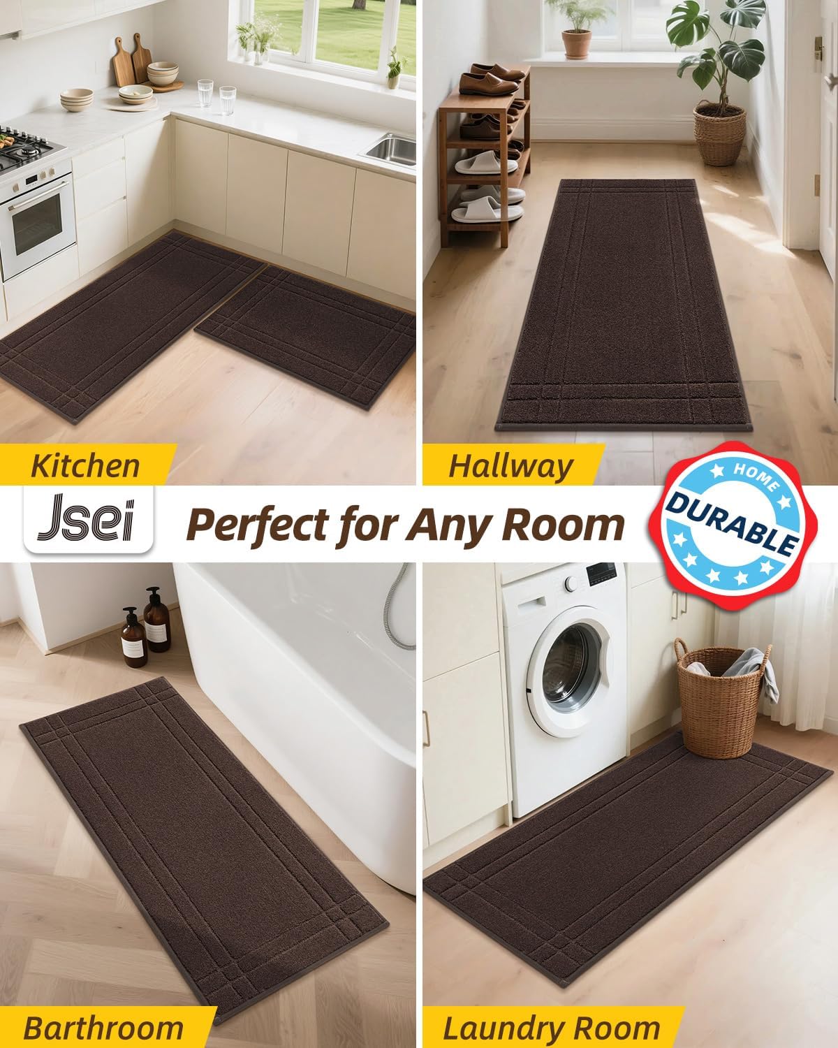 JSEI Kitchen Mats for Floor, Non-Slip Kitchen Rugs, Soft Washable Absorbent Kitchen Mats 2 PCS, Kitchen Runner Rug with TPR Backing, Polyester, 20"x32"+20"x48", Brown