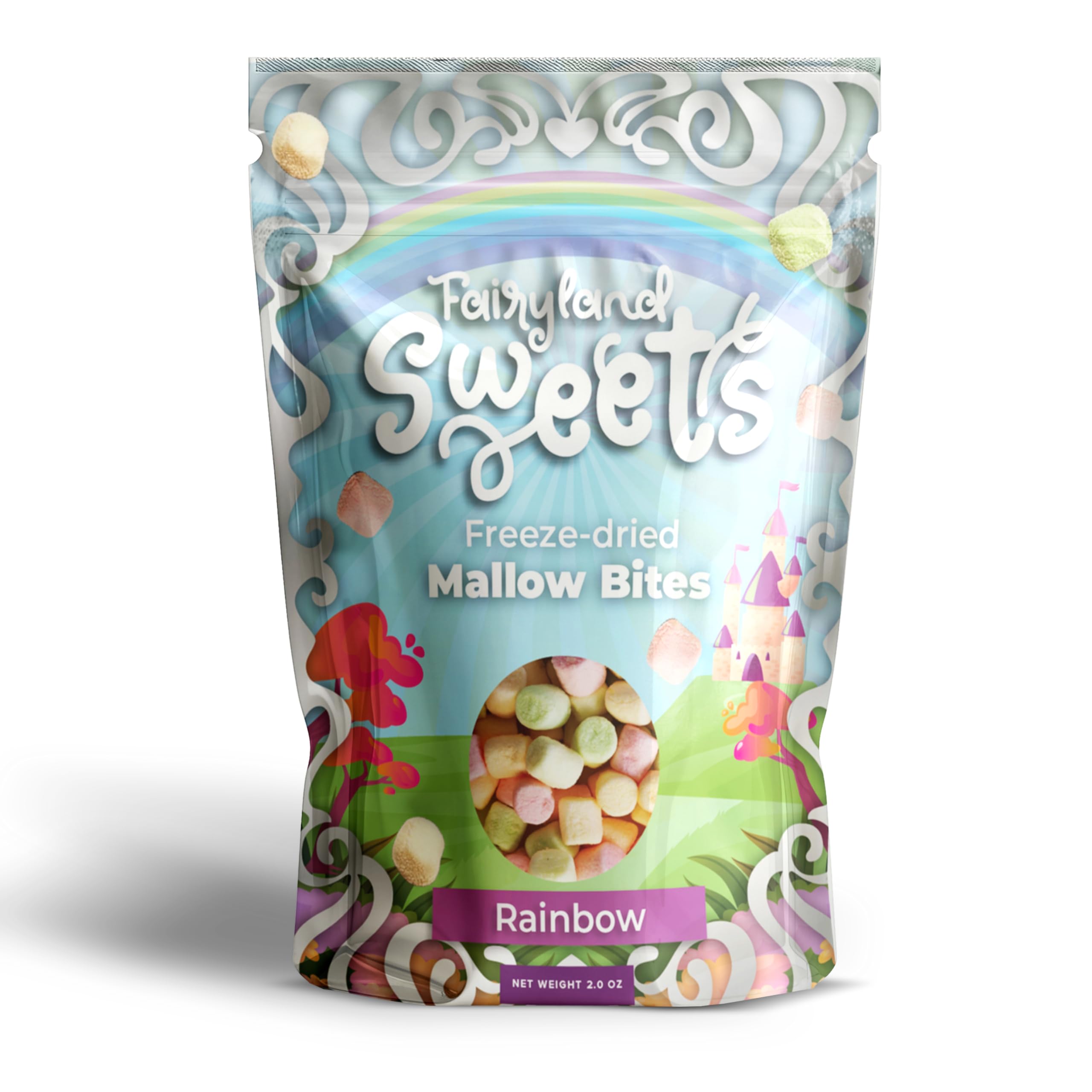 Fairyland Sweets Freeze Dried Candy Mallow Bites Rainbow – Fun, Crunchy Freeze Dried Marshmallows mini assorted strawberry, lemon, orange and lime flavors – 2.0 oz - Resealable Bag