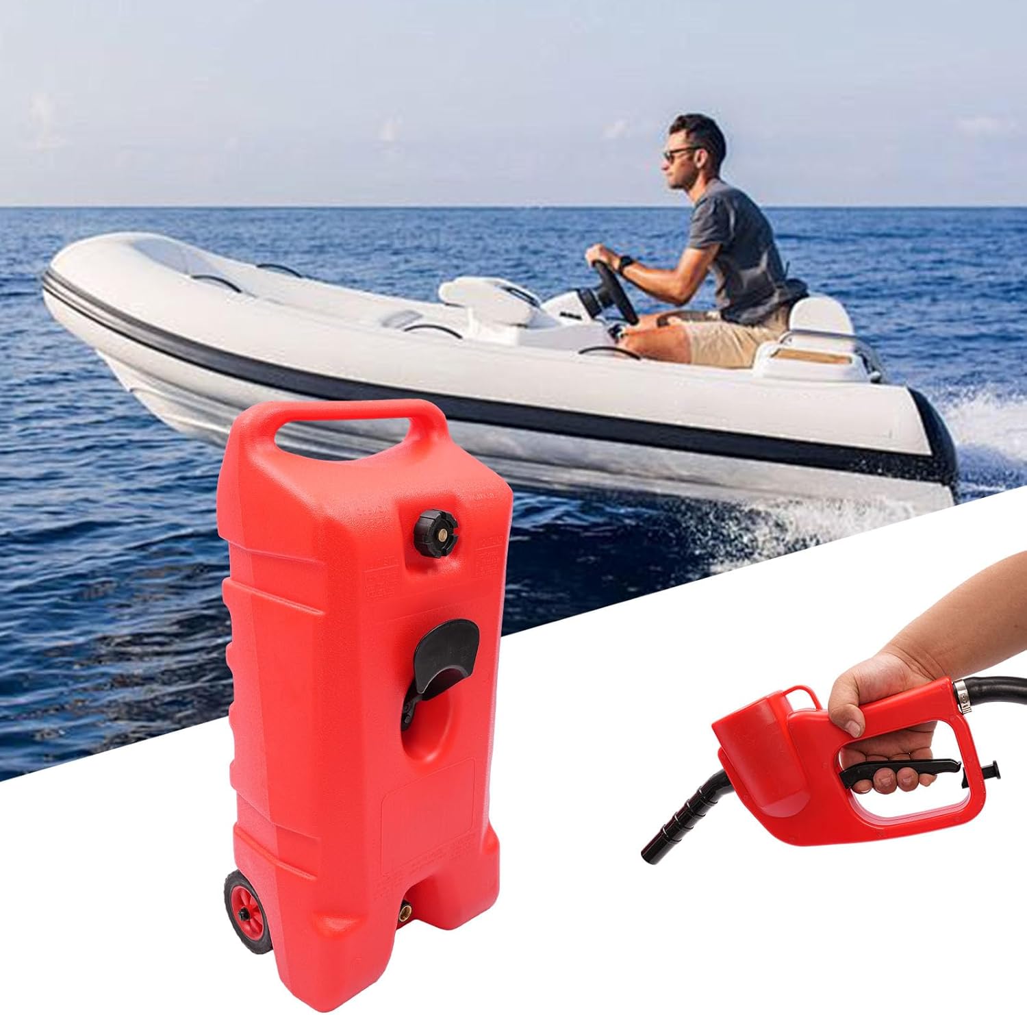 75L Portable Boat Fuel Tank with 9.8ft Fuel Hose and Gun, Large Capacity HDPE Gasoline Storage Solution for Outboard Motors, Marine, Farm & Generator, Heavy-Duty Wheeled Design for Boaters