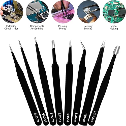 Vista 28 de Ainiv Juego de pinzas de precisión, 11 piezas de pinzas ESD antiestáticas con 1 cortador de alambre micro para modelado, reparación electrónica, 12