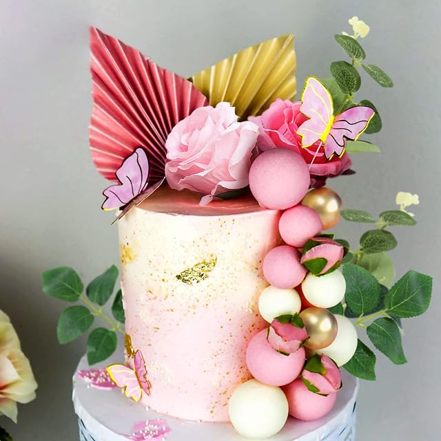 JeVenis Pink Balls Cake Decoration Baby Shower Cake decoration Butterfly Cake Decoration Rose Cake decoration Boho Cake Decoration Palm Leaves Cake Decoration