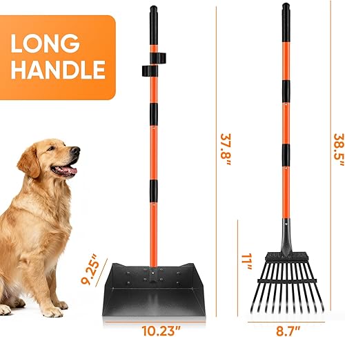 Miniatura 3 de Recogedor de excrementos, desmontable de mango largo con rastrillo y bandeja de metal resistente, recogedor de excrementos duradero para perros