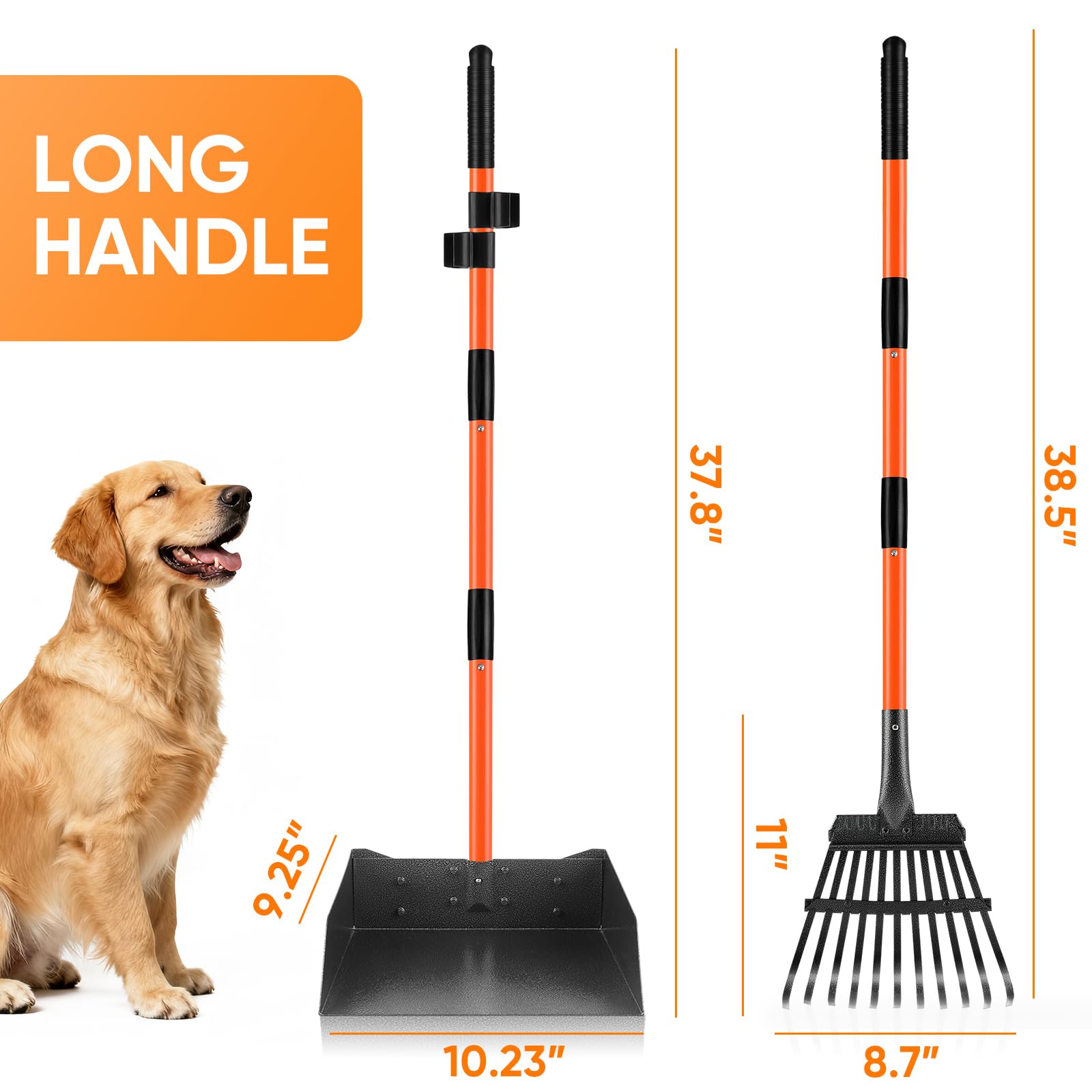 Pelle à déjections canines pour grands chiens, pelle à déjections canines avec plateau en métal extra large, râteau et pelle, facile à utiliser, pelle à déjections canines pour animaux