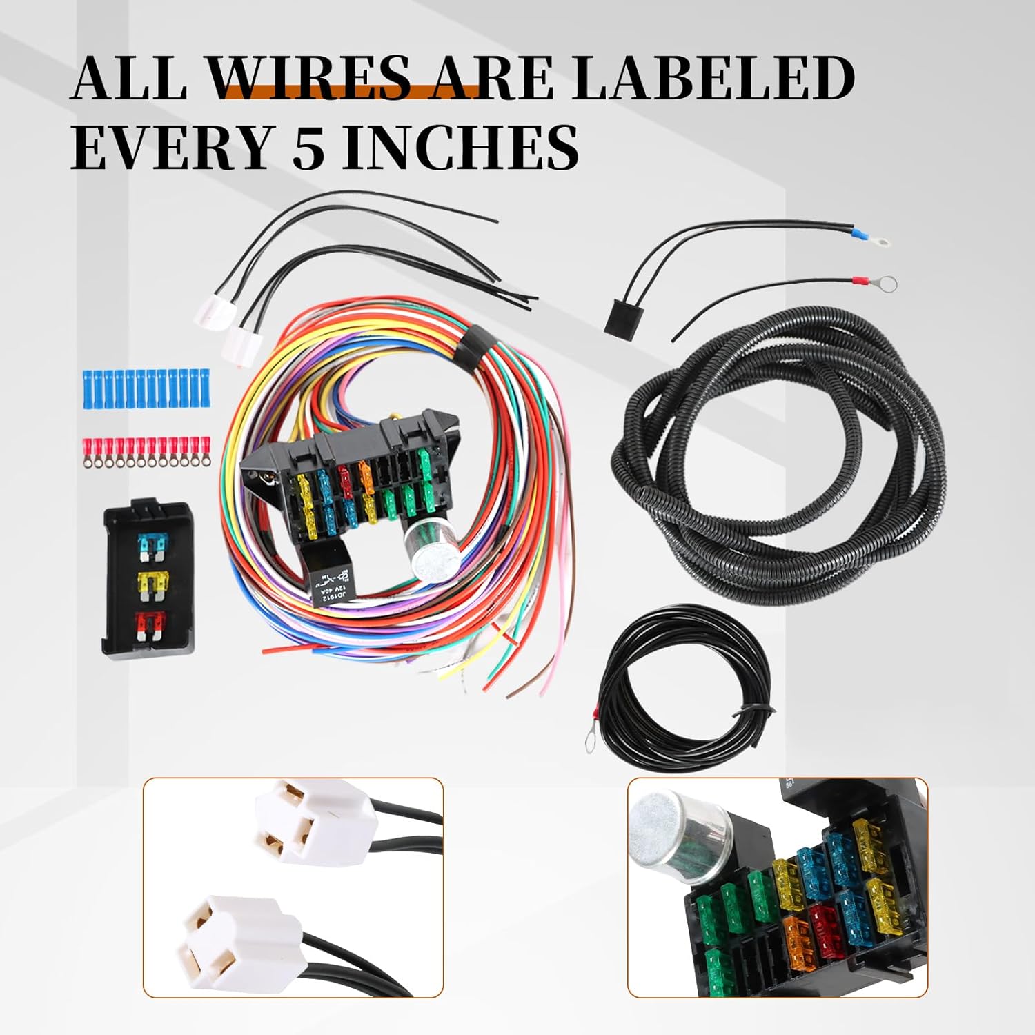 Universal Wiring Harness Kit 12 Circuit 12 Fuses Extra Long Wire Standard Color for Street Hot Rod for DIY Builders, Custom Vehicles & Restorations, for 1968-96 GM Tilt Columns