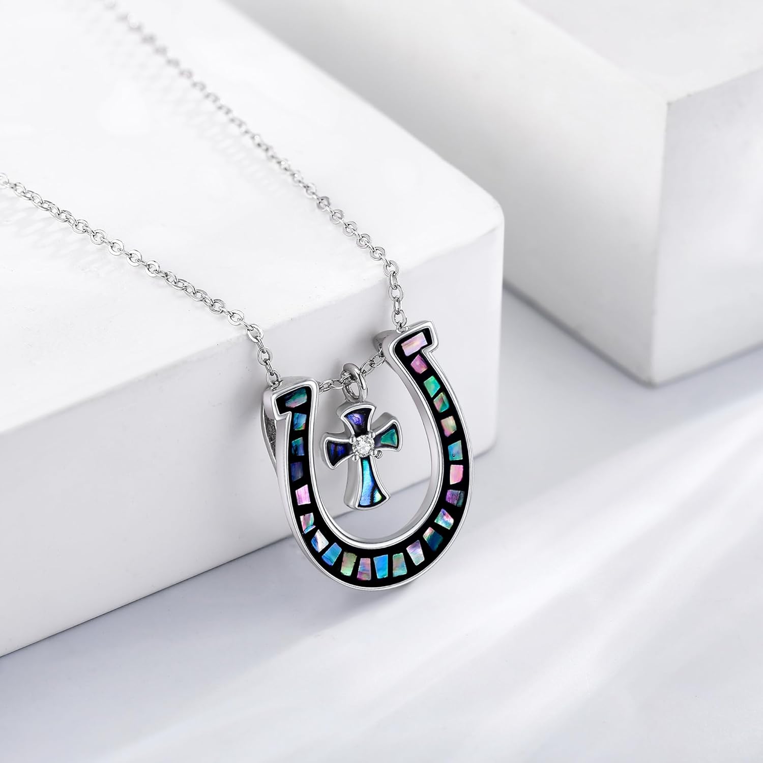 Horseshoe Necklace S925 Sterling Silver Horse Shoe Necklaces Abalone Horseshoe Cross Pendant Necklaces Lucky Horseshoe Horse Jewelry Gifts For Women Female Lover - Image 2