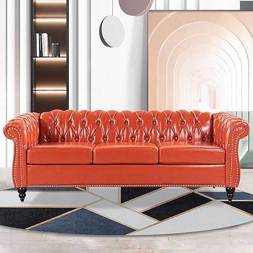 Sofá Chesterfield de piel sintética copetuda naranja para sala de estar, brazo enrollado de 84 pulgadas, sofá de 3 plazas, con botón profundo,